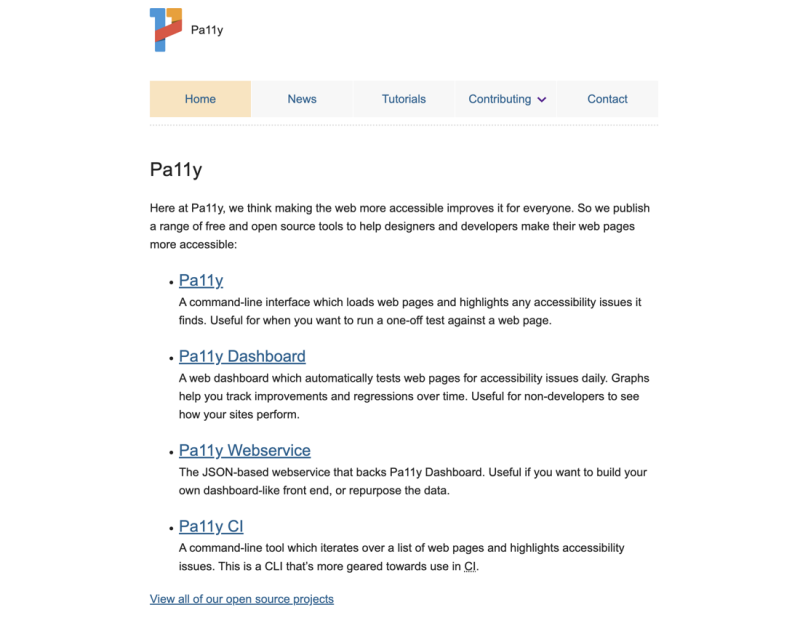 Pa11y is an open-source suite of tools for accessibility testing