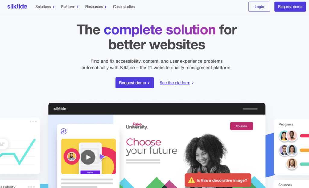 Silktide is a comprehensive platform that supports accessibility alongside SEO, performance, and privacy compliance