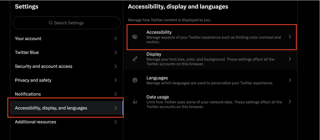 Where to find accessibility settings on Twitter